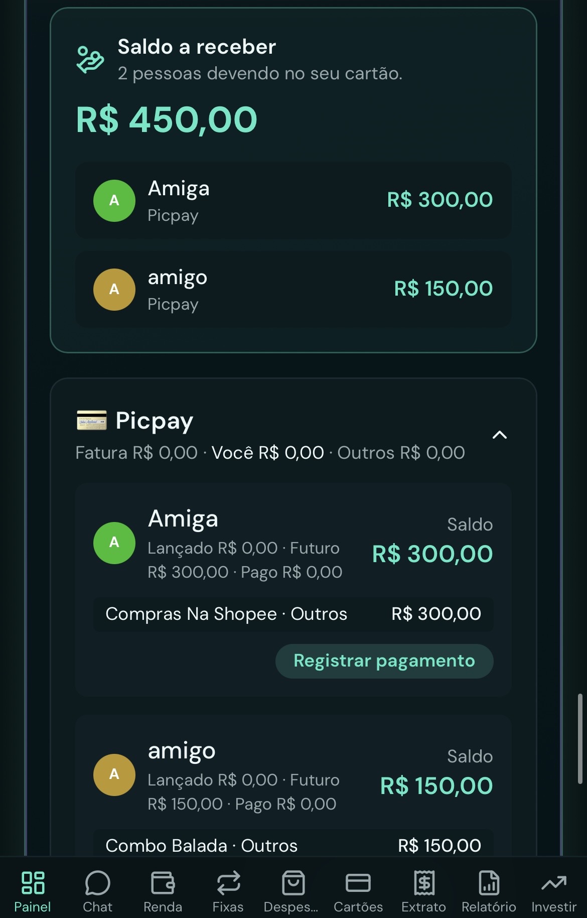 Tela de saldo a receber