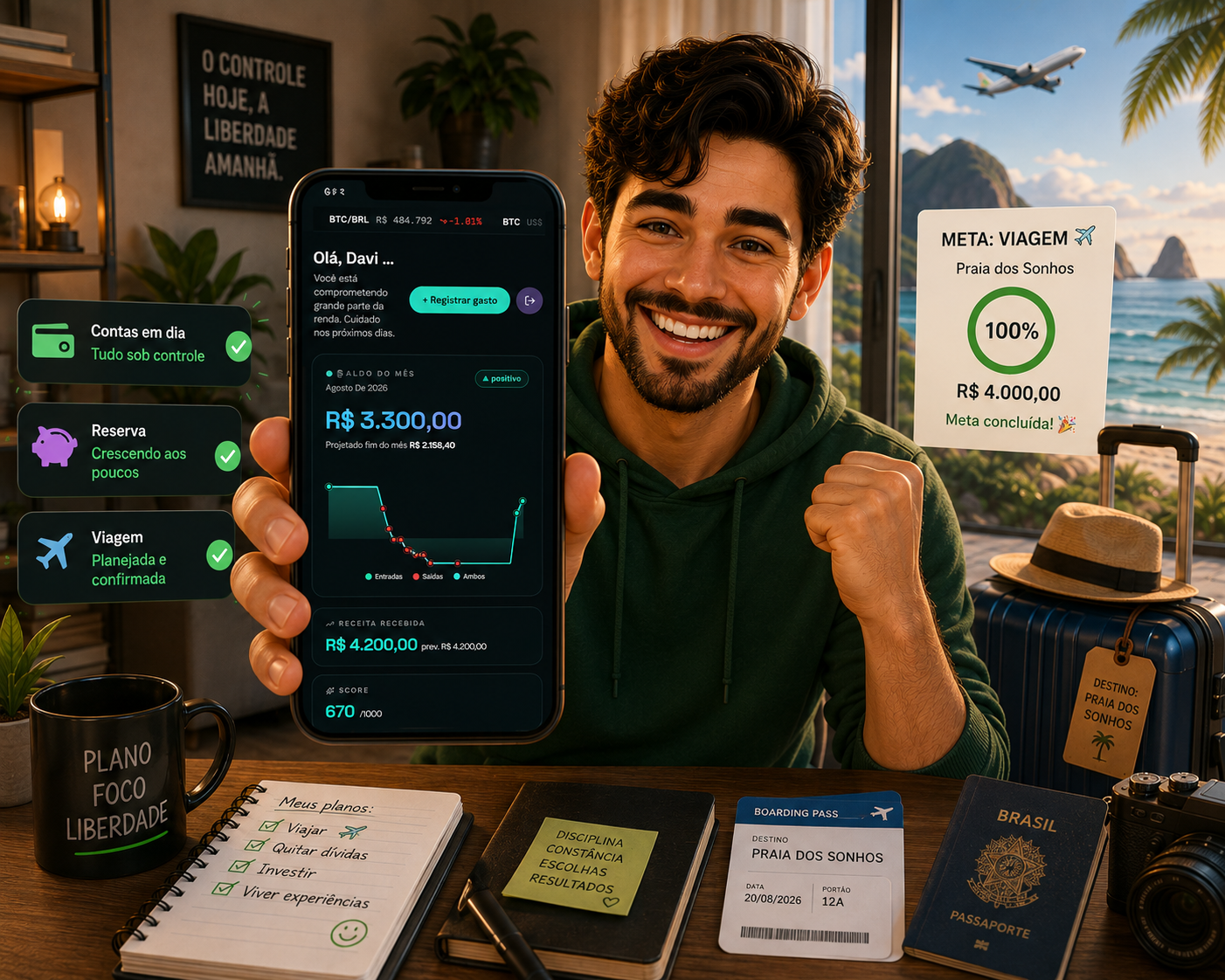Pessoa celebrando o controle financeiro com app, metas e planejamento de viagem