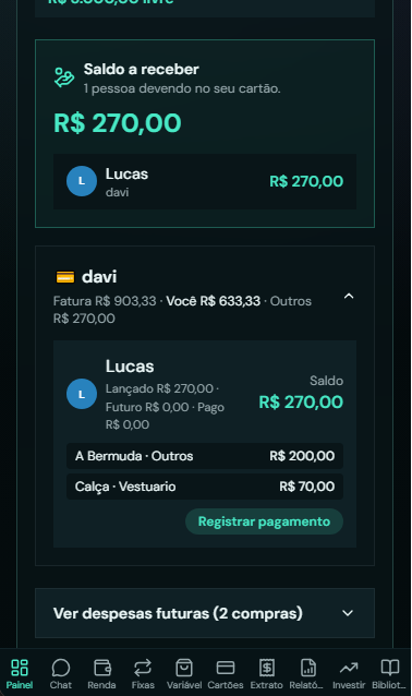 Tela de saldo a receber