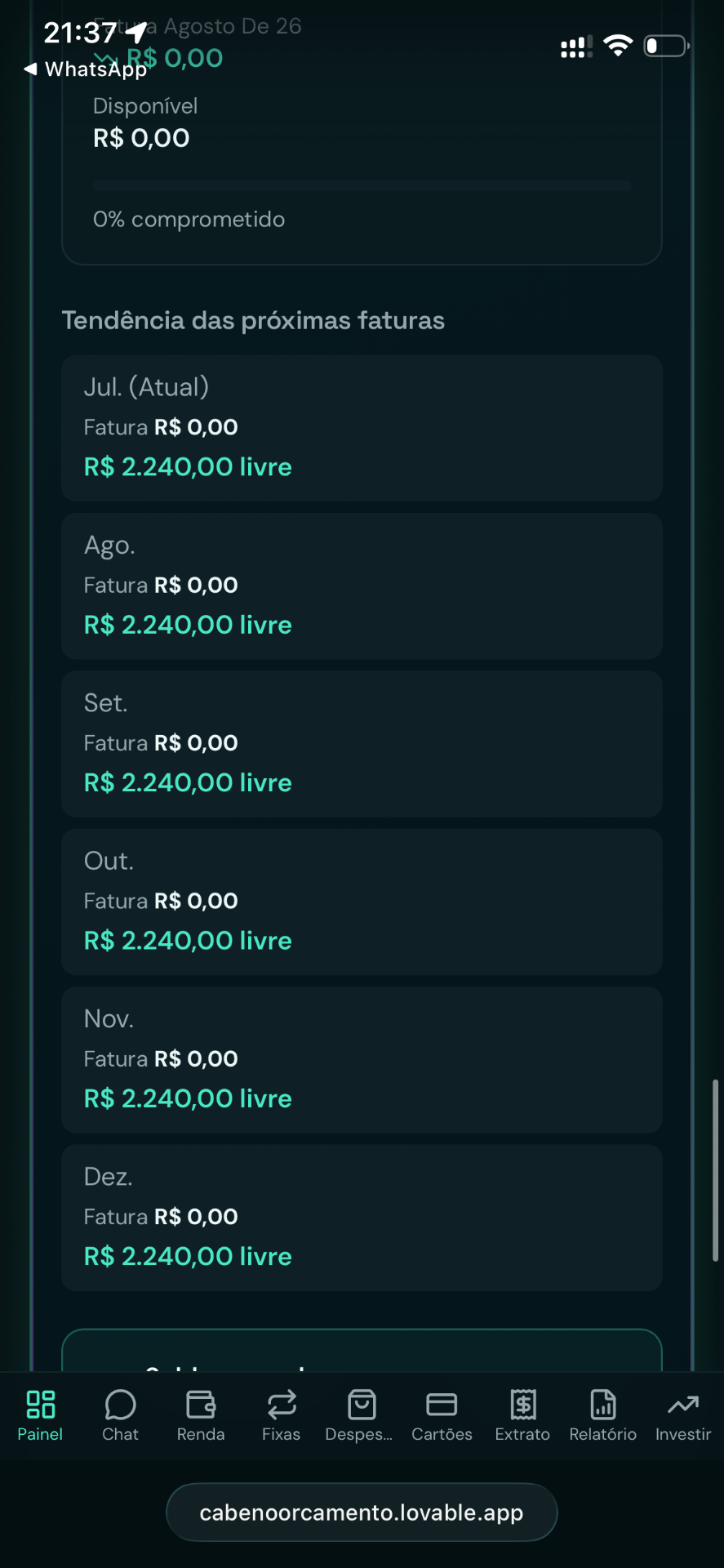 Tela de cartões